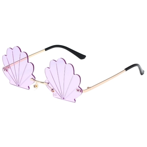 Chic shell-shaped rimless sunglasses with purple lenses and golden metal temples