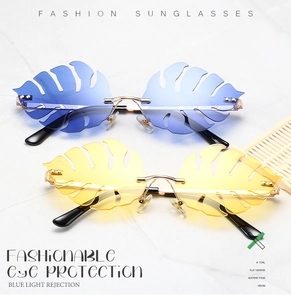 Detail of leaf-shaped colorful fashion sunglasses with gradient blue and yellow lenses