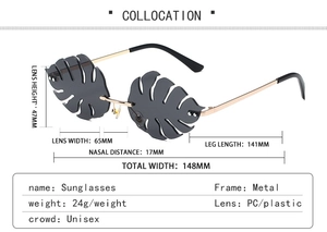 Detail view of leaf-shaped sunglasses showing exact dimensions and metal frame specs