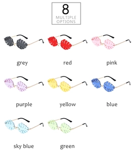 Leaf-shaped rimless sunglasses in eight vibrant colors with metal temples on white background