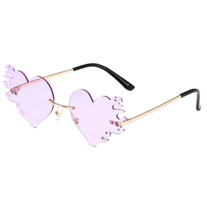 Lunettes de soleil sans monture en forme de flamme de cœur avec verres violets