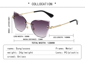 Detailed size specifications for rimless cat-eye sunglasses with purple gradient lenses