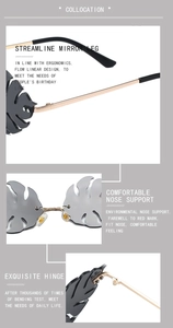 Detail of leaf-shaped sunglasses showing golden metal hinges and ergonomic nose pads