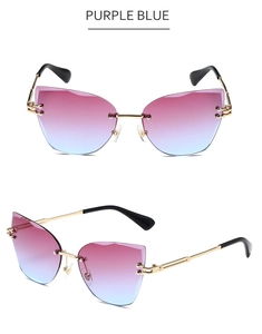 Detail of purple-blue gradient rimless cat-eye sunglasses with gold metal frame