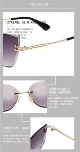 Detail view of purple gradient rimless sunglasses with gold temples and ergonomic nose pads