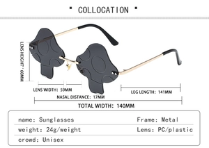 Detailed size chart for mushroom-shaped sunglasses with gold frames and grey lenses