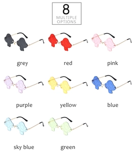 Detail view of mushroom shaped rimless sunglasses in eight different vibrant colors