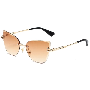 Fashion rimless cat-eye sunglasses with gradient brown lenses and gold metal frame