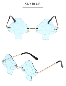 Detail of sky blue mushroom shaped rimless sunglasses with gold metal temples