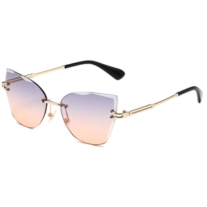 Fashion rimless cat-eye sunglasses with purple gradient lenses and gold metal frames