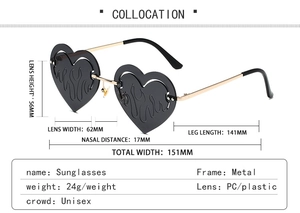 Detailed size chart of heart flame sunglasses with metal frame and grey PC lens dimensions