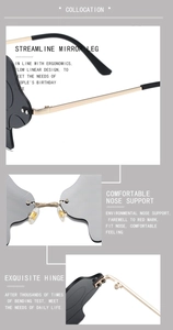 Detail view of ergonomic hinges and silicone nose pads on mushroom rimless sunglasses