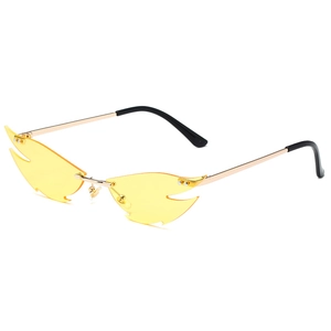 Trendy rimless cat eye sunglasses with yellow flame shaped lenses and gold metal frames