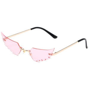 Unique wing-shaped rimless sunglasses with pink lenses and gold metal frames for parties