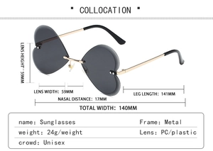 Spécifications détaillées des dimensions en millimètres pour lunettes de soleil coeur