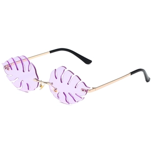 Chic purple leaf-shaped rimless sunglasses with gold metal frame for summer parties