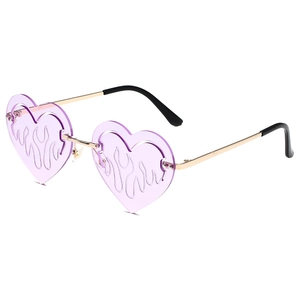 Purple heart-shaped rimless sunglasses with flame lenses and golden metal temples