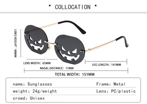 Detailed dimension map of Halloween pumpkin metal sunglasses with hollow design