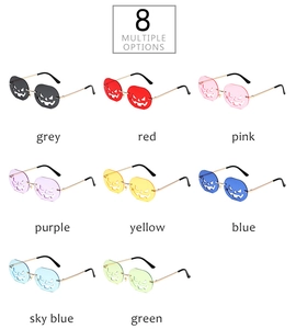 Detailed grid showing Halloween pumpkin-shaped sunglasses in eight vibrant color options