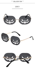 Halloween pumpkin face sunglasses with grey lenses and gold metal frames from three angles