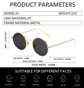 Detailed dimension chart for vintage round punk sunglasses with gold metal frame