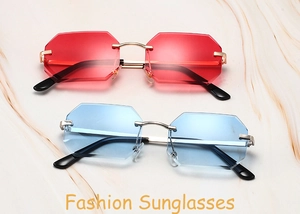 Detail of rimless square sunglasses with gold metal bridge and blue tinted gradient lenses