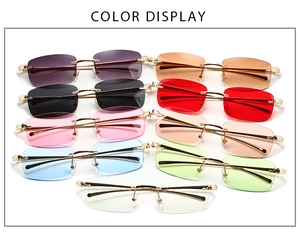 Color display of rimless sunglasses with gold metal frames in nine vibrant lens options