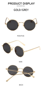 Detailed view of punk round sunglasses in gold and grey showing front, side, and back angles