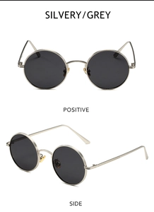 Detailed views of vintage silver metal round sunglasses with grey lenses and nose pads