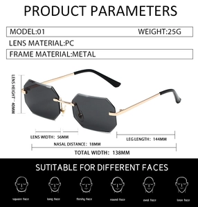 Detailed dimension guide for rimless square sunglasses with grey PC lenses and metal frame