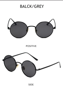 Front and side view of minimalist vintage round frame metal sunglasses in black