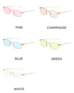 Detail of rimless rectangle sunglasses with gold panther head metal accents in five colors