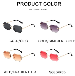 Selection of rimless octagonal sunglasses in grey, gradient tea, and red lenses