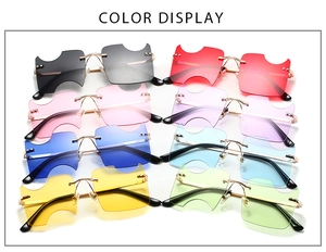 Frameless notched square sunglasses color display in various vibrant fashion tints