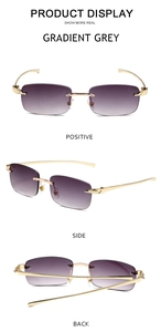 Detailed views of rimless gradient grey sunglasses with golden leopard head metal temples