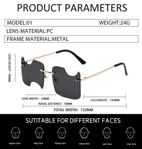 Size chart for rimless metal sunglasses showing precise frame and lens dimensions