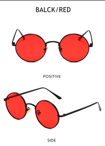 Front and side views of vintage round punk sunglasses with black metal frame and red lenses