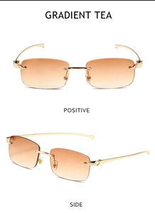 Macro detail of rimless rectangular sunglasses featuring golden leopard head accents