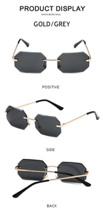 Detailed views of gold rimless octagonal sunglasses with grey lenses from multiple angles