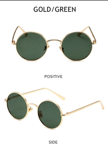 Gold round frame sunglasses with dark green lenses shown from front and side angles