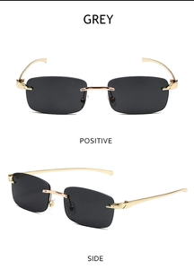 Detail of leopard head relief on golden rimless sunglasses with grey lenses