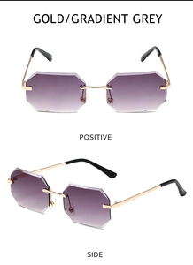 Detail of rimless octagonal sunglasses with gold metal frame and gradient grey lenses