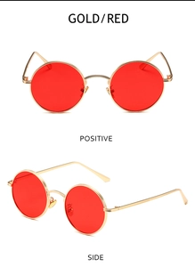 Front and side views of punk retro round sunglasses with gold metal frame and red lenses