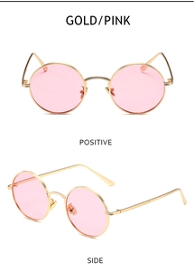 Front and side views of retro gold metal round sunglasses with stylish pink lenses