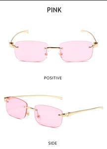 Detail of pink rimless sunglasses with leopard head metal gold temple hinge accents