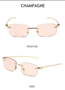 Detailed front and side view of rimless champagne sunglasses with gold leopard head decor