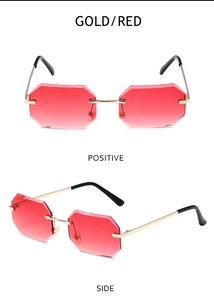 Front and side views of rimless octagonal sunglasses with gold frame and red gradient lenses