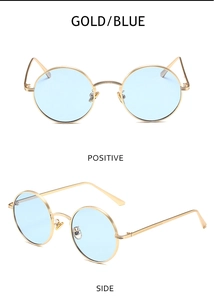 Detailed front and side views of gold frame punk sunglasses with blue lenses