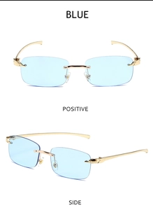 Detail of rimless blue sunglasses with golden metal leopard head decoration