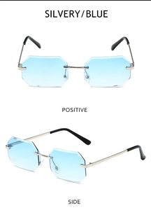 Detail view of rimless octagonal sunglasses with blue lenses and silver metal frames